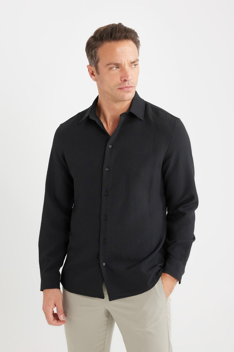 DeFacto Black Man Modern Fit Polo Collar Woven Long Sleeve Shirt Casual - Image 5